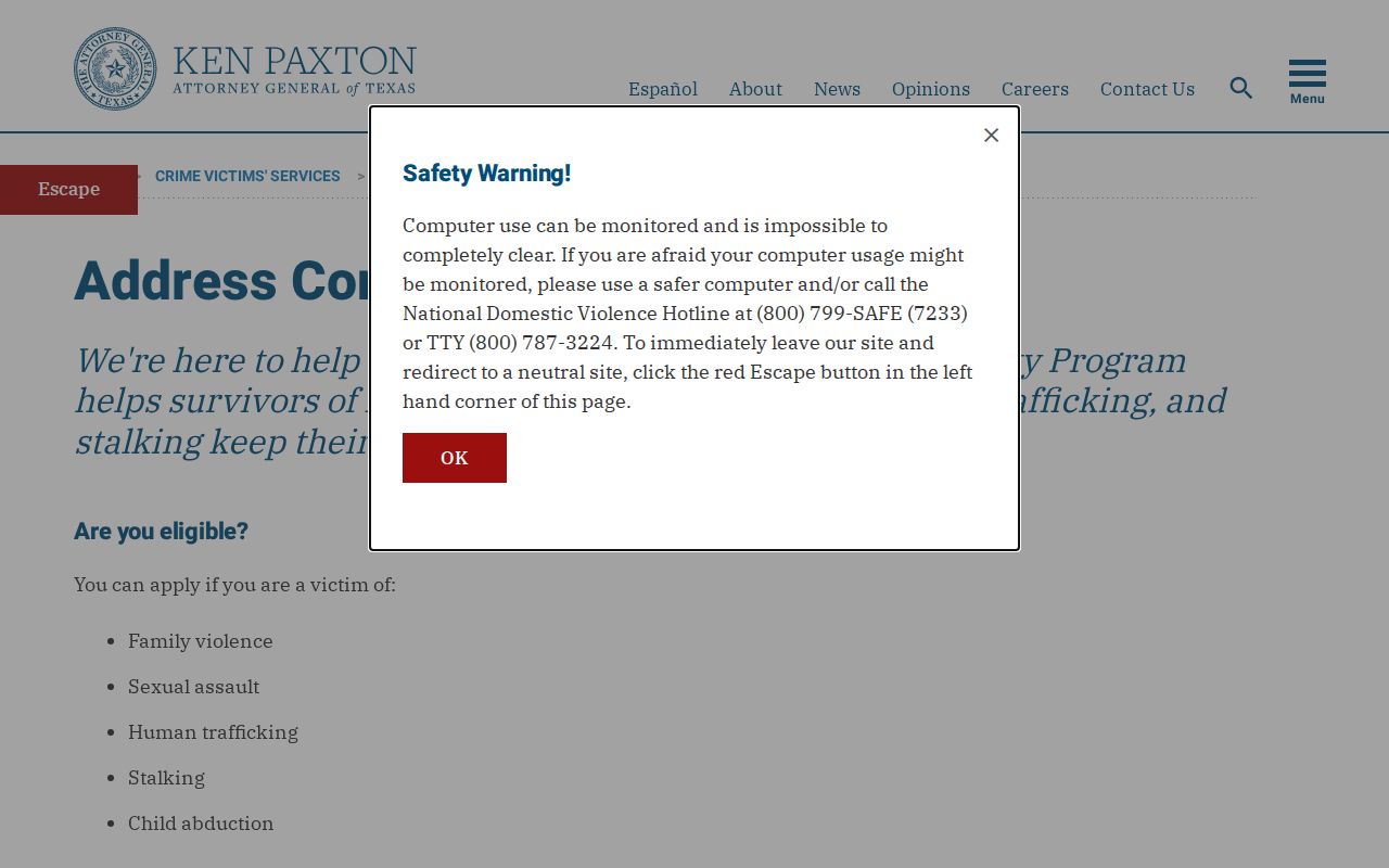 Socorro resident lookup privacy protection through the Texas Address Confidentiality Program